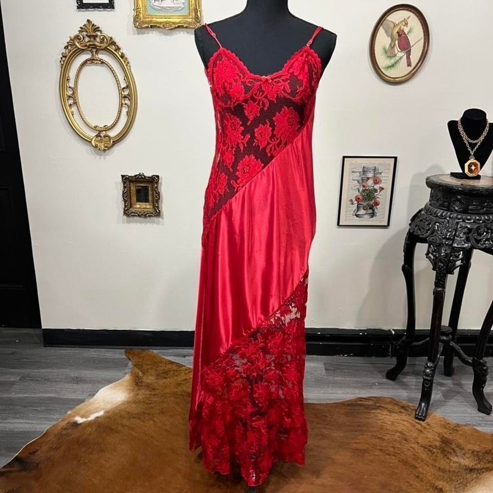 Vintage Red Satin & Lace Asymmetrical Lingerie Nightgown Slip Dress